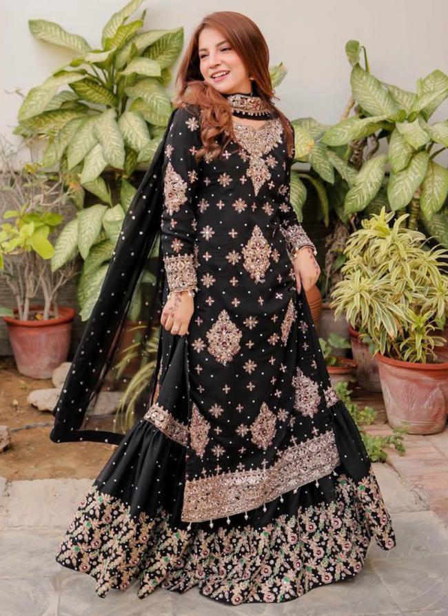 Georgette Black Eid Wear Embroidery Work Readymade Sharara Suit